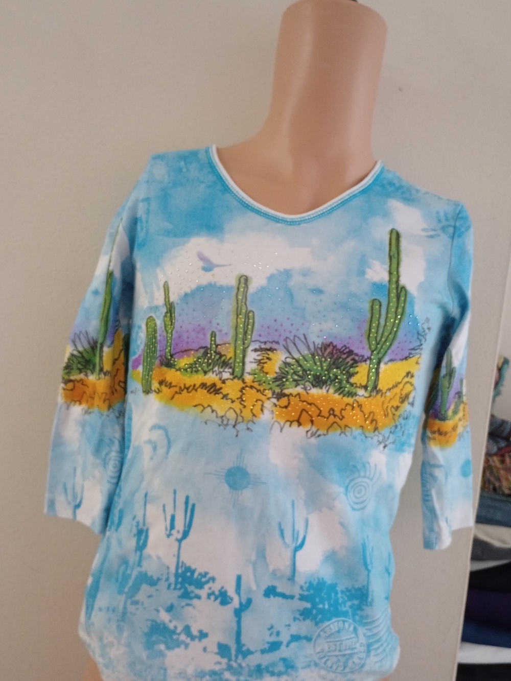 Cactus Brand Light Blue Desert Cactus Long Sleeve Tee